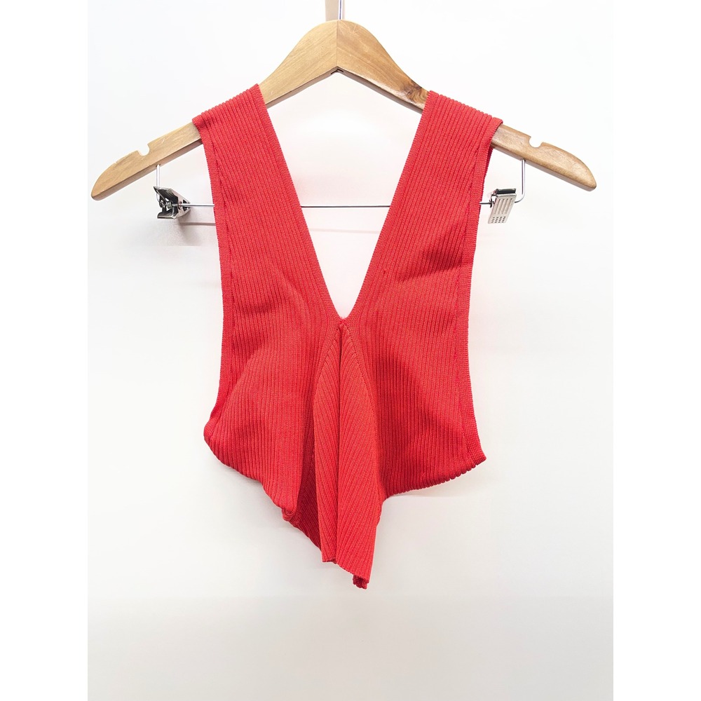Kendall Lane Red Ribbed Knit Deep V-Neck Handkerchief Hem Sleeveless Top Small